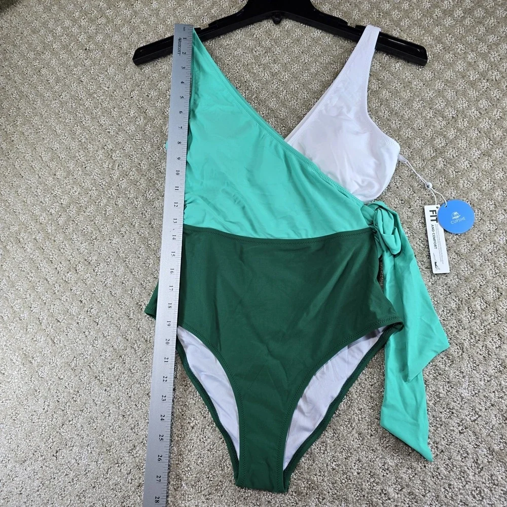 Cupshe One Piece Swimsuit Green White Colorblock Tie Waist Size M NWT - Picture 5 of 9